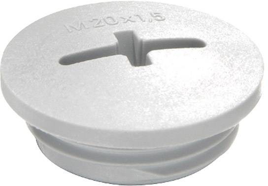 Bouchon rond en plastique gris avec filetage et fente pour tournevis, marqué 'M20x1,5' en haut, destiné à l'obturation d'ouvertures.
