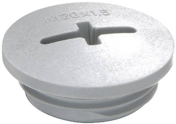 Bouchon rond en plastique gris avec fente et inscription 'M20x1,5' sur le dessus, adapté pour obturer des ouvertures.