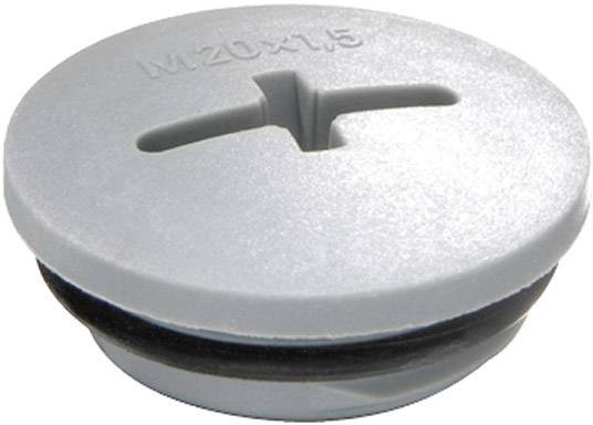 Une vis en plastique grise avec empreinte cruciforme et l'inscription 'M20 x 1,5' sur le dessus. Utilisée pour l'étanchéité ou la connexion.