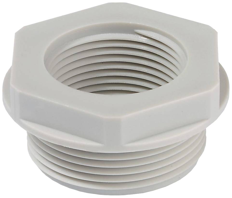 Raccord en plastique blanc avec filetage extérieur et écrou hexagonal. Adapté pour les connexions dans les installations ou les machines.