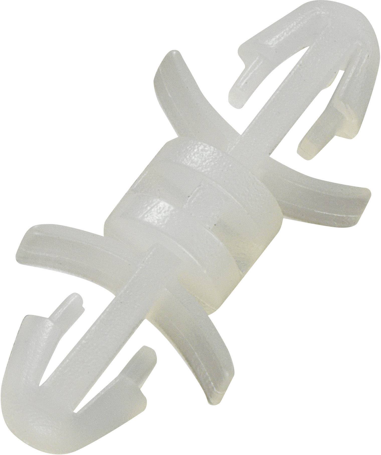 Une cheville de fixation blanche en plastique avec des crochets aux extrémités et des ailettes au milieu, utilisée pour connecter des matériaux.