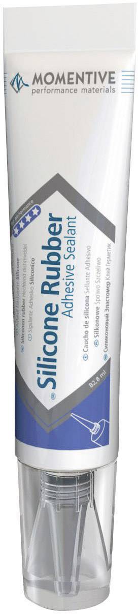 Tube portant l'inscription « Silicone Rubber Adhesive Sealant », marque Momentive. Contient un mastic transparent et imperméable pour les projets de scellement.