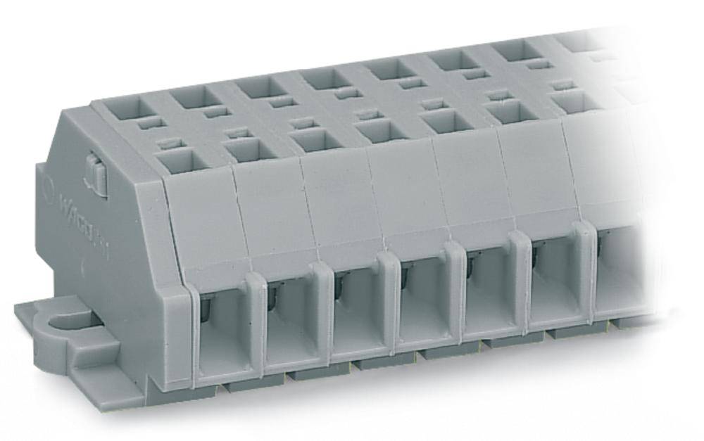 Un connecteur rectangulaire gris en plastique avec plusieurs ouvertures, probablement adapté aux connexions électriques ou au câblage.