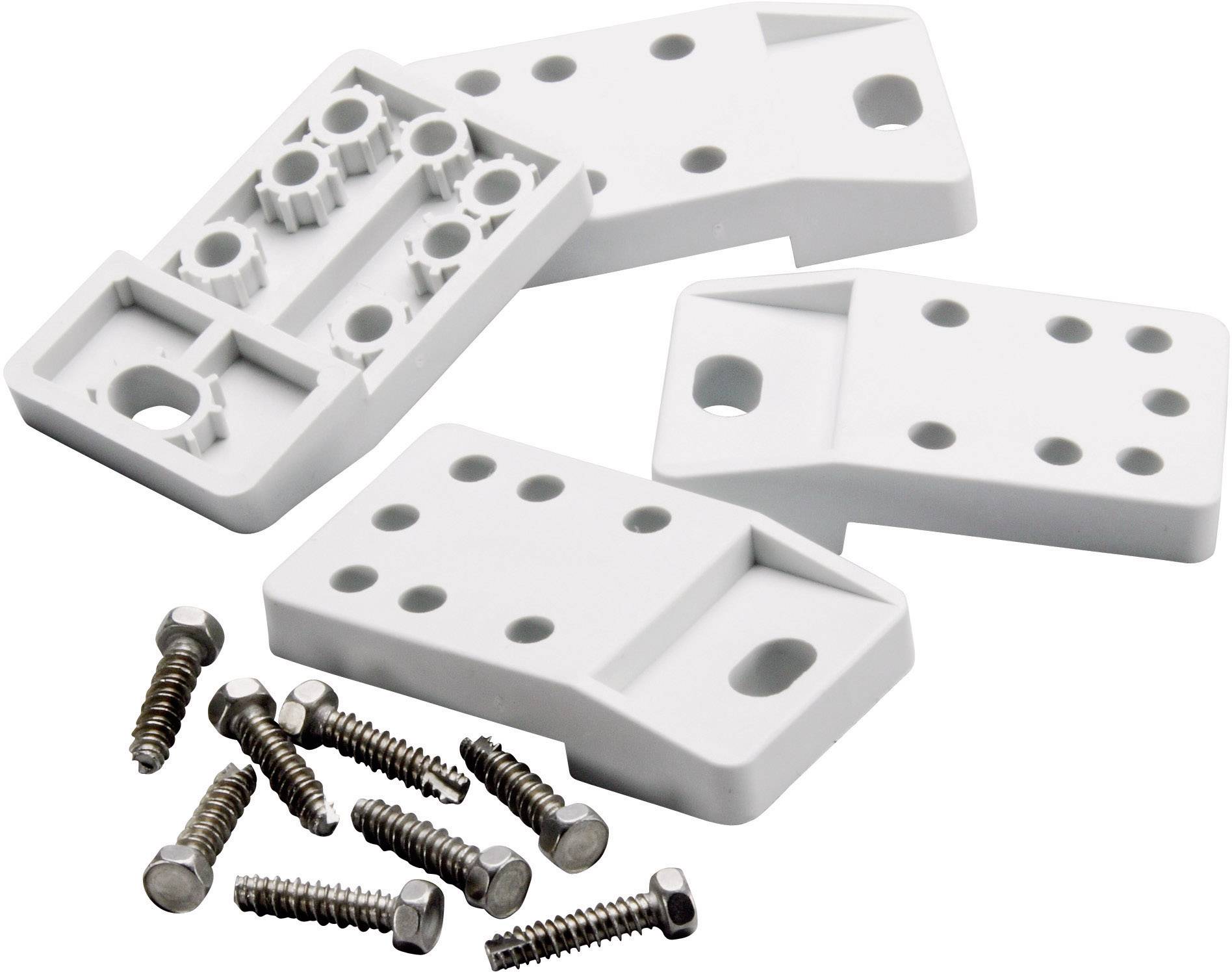 Quatre rails de montage blancs en plastique et sept vis métalliques pouvant être utilisés pour la fixation de pièces.