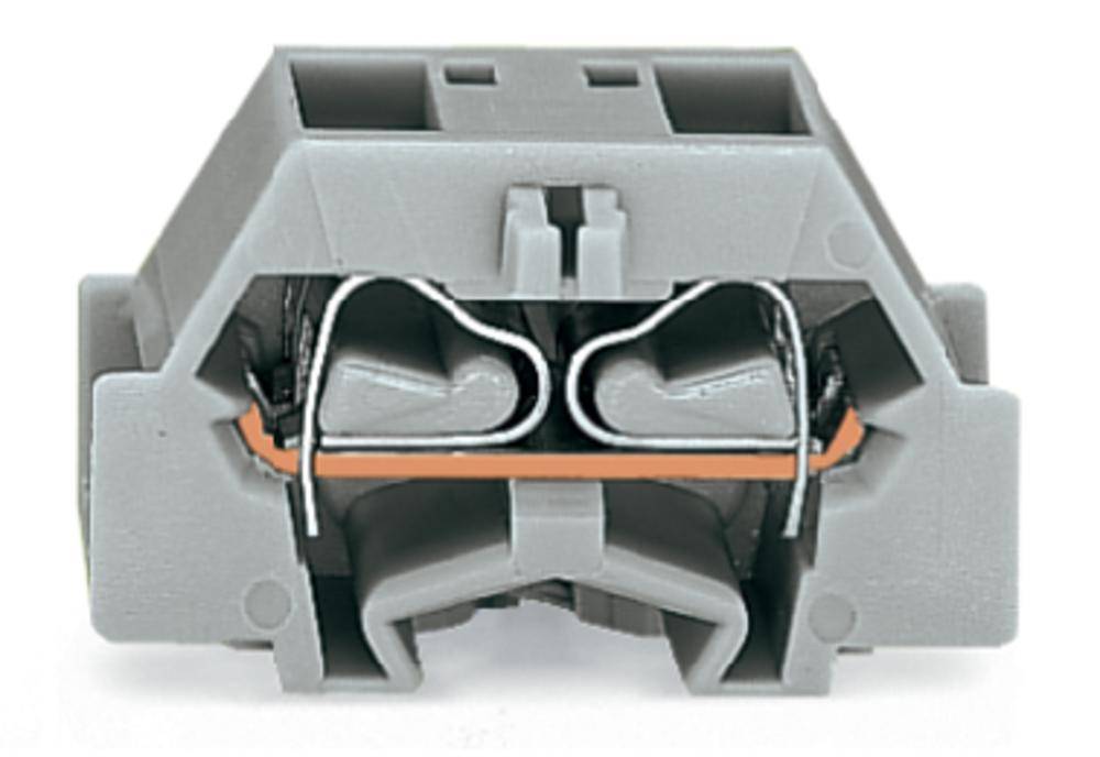 Pince électrique grise avec deux ouvertures de raccordement et contact métallique intégré. Utilisée pour connecter des câbles de manière sécurisée.