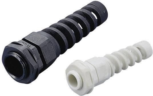 Deux raccords de tuyau ondulé côte à côte : à gauche un noir, à droite un blanc, tous deux munis d'une gaine de protection spiralée.