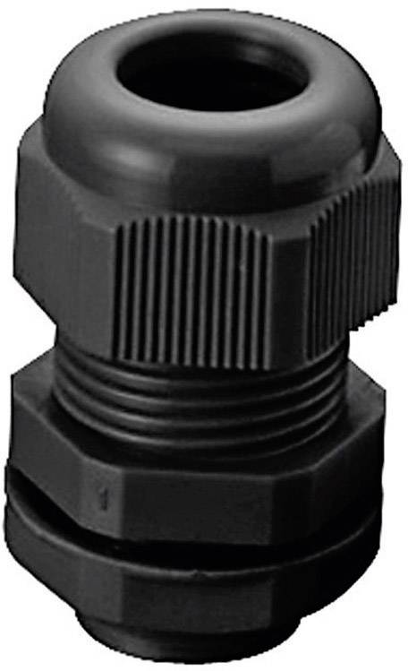 Un presse-étoupe noir pour installations électriques. Adapté pour la fixation et l'étanchéité sécurisées des câbles dans les boîtiers.