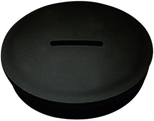 Tirelire noire ronde avec une fente étroite en haut pour insérer les pièces.