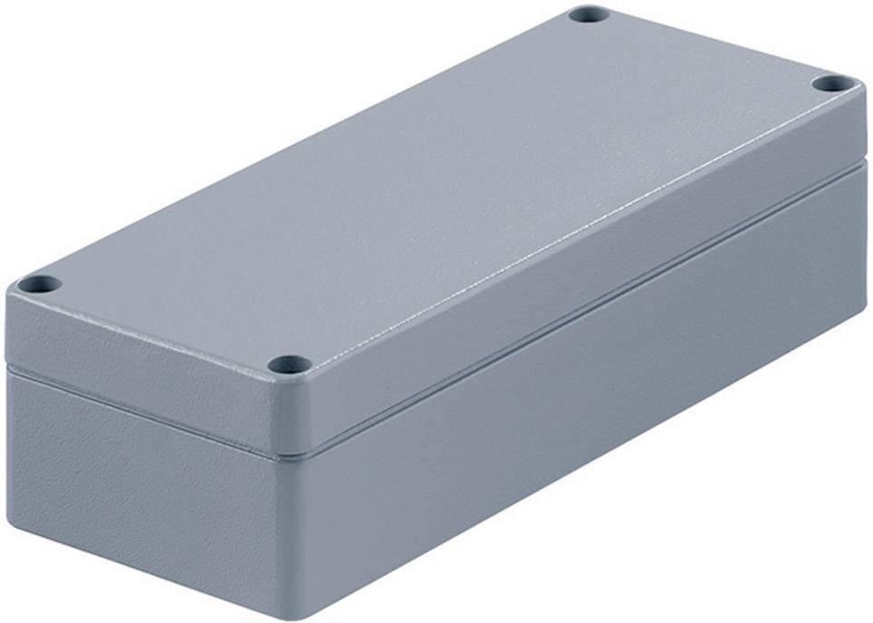 Boîte rectangulaire grise en plastique aux coins arrondis, percée de trous de vis aux angles de la surface supérieure.