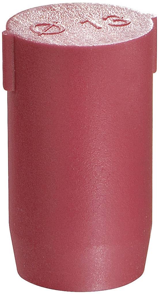Capuchon en plastique rouge, de forme cylindrique, avec surface striée et inscription du signe 'CVP' sur le dessus.