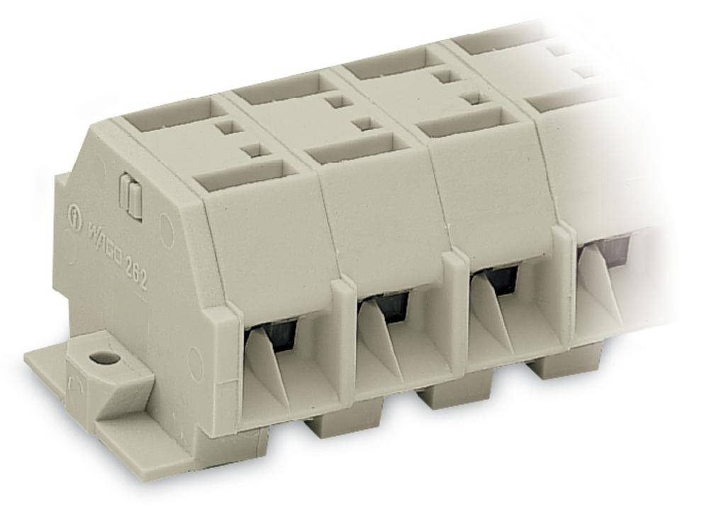 Connecteur beige multiports, adapté aux connexions électriques. La vue de côté montre le détail des branchements.