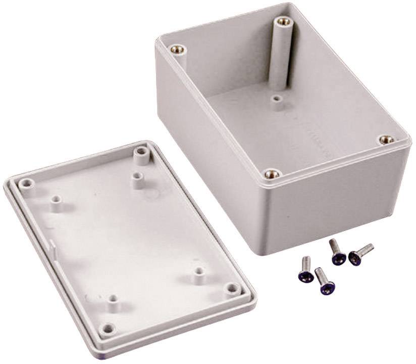 Boîtier électronique en plastique, rectangulaire, avec couvercle amovible et quatre vis, destiné à être utilisé dans des projets électroniques.