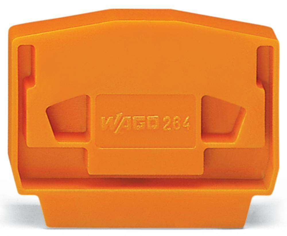 Clip en plastique orange avec inscription estampée 'WAGO 264' sur la face avant, probablement un composant électrique.