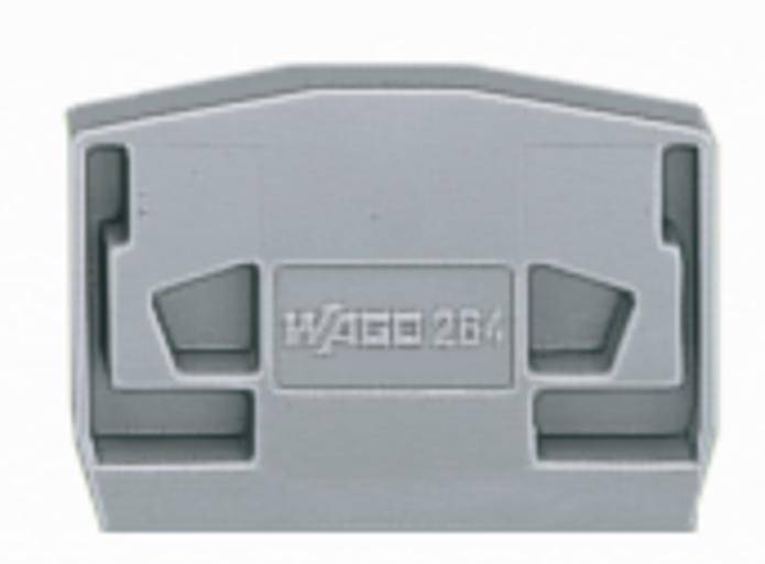 Pièce en plastique grise portant l'inscription 'WAGO 264', probablement un élément de couverture ou un accessoire pour connexions électriques.