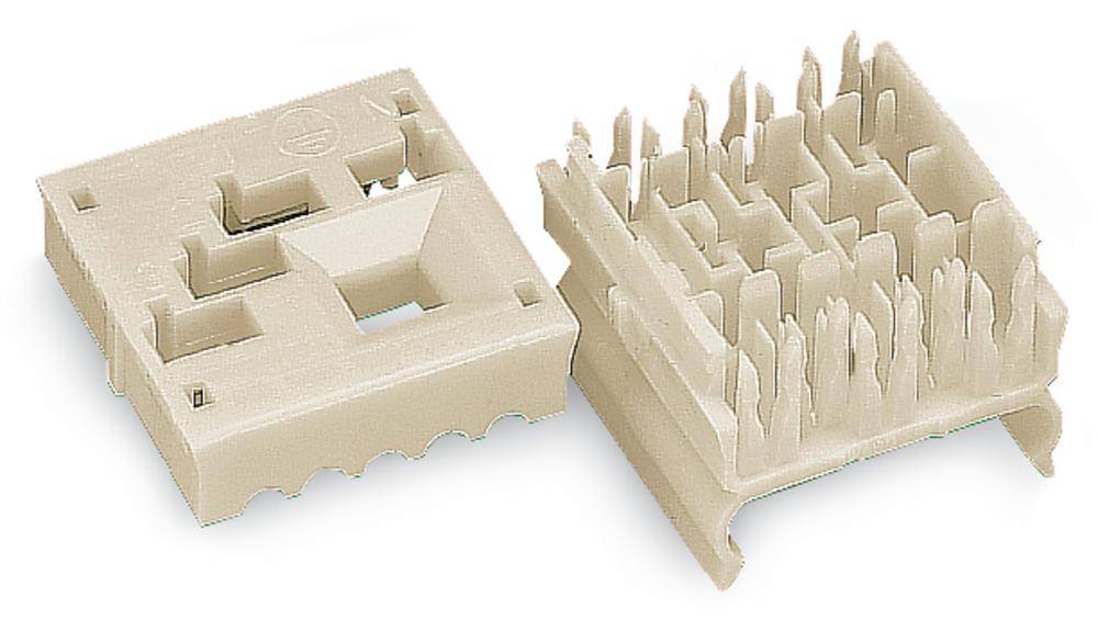 Deux composants en plastique beige qui peuvent s'emboîter. À gauche, la base plate, à droite, le couvercle structuré correspondant.