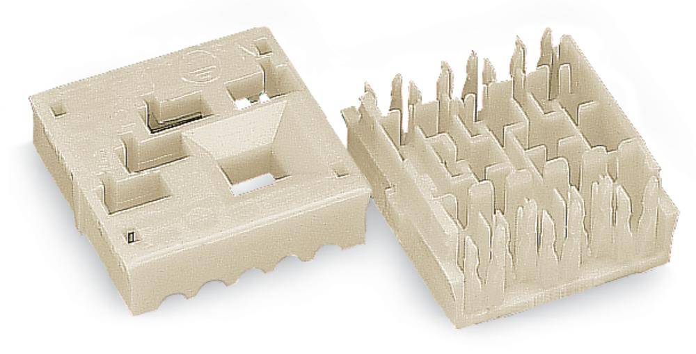 Deux éléments rectangulaires en plastique beige, aux bords dentelés et avec des parties saillantes, probablement des connecteurs électroniques.