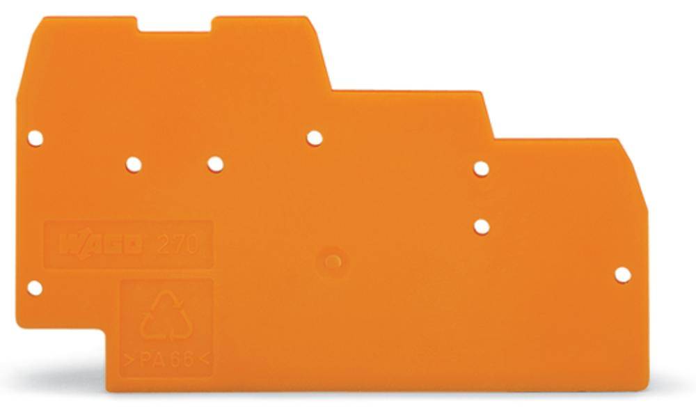 Un élément rectangulaire en plastique orange à configuration en gradins, comportant plusieurs trous circulaires, utilisé pour des applications techniques ou des fins de connexion.