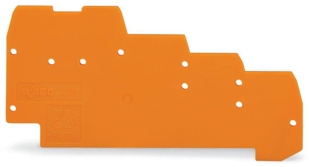 Plaque en plastique orange, de forme étagée, avec plusieurs trous. En bas à gauche, des symboles imprimés et l'inscription 'Katimex'.