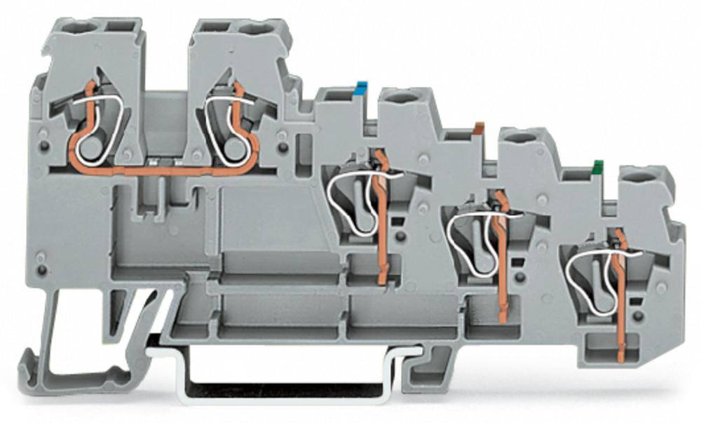 Composant de bloc de bornes électrique gris-orange avec plusieurs points de connexion, utilisé pour le câblage électrique.