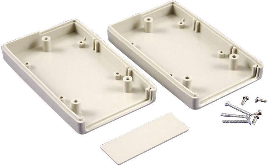 Boîtier en plastique composé de deux moitiés, d'une plaque de couverture et de plusieurs vis, adapté à l'encapsulation électronique.