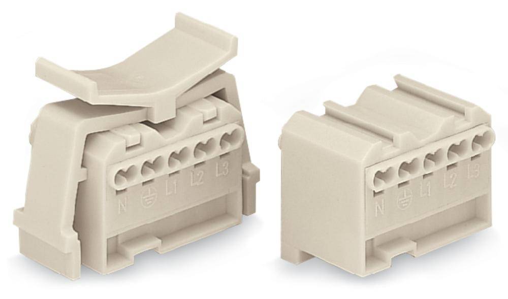 Deux fiches en plastique beige avec plusieurs connexions, adaptées aux branchements électriques. Celle de gauche avec un couvercle amovible.