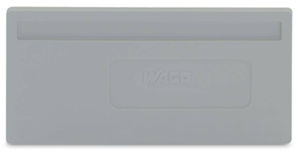 Un élément en plastique gris, rectangulaire, avec un creux sur lequel le logo 'Hager' est gravé.