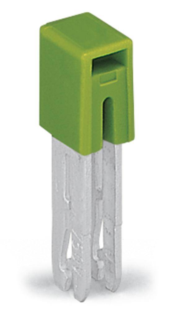 Un clip en plastique vert avec un élément de connexion transparent à quatre étages, probablement utilisé pour fixer ou relier des composants.