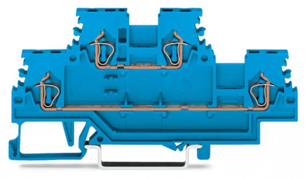 Bloc de bornes en ligne bleu avec quatre connexions en cuivre et un rail de fixation. Utilisé pour les connexions électriques dans les armoires électriques.