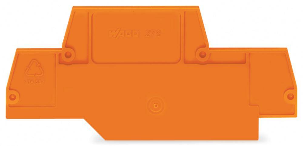 Pièce en plastique orange portant le symbole de recyclage et le logo 'WAGO' en relief.