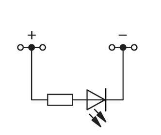 Symbole de circuit d'un circuit de diode avec une résistance à gauche et une diode à droite, polarité inversée indiquée.