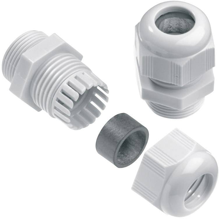 Plusieurs presse-étoupes en plastique, composés d'un boîtier, d'un joint d'étanchéité et d'un écrou de serrage, présentés sous différents angles.