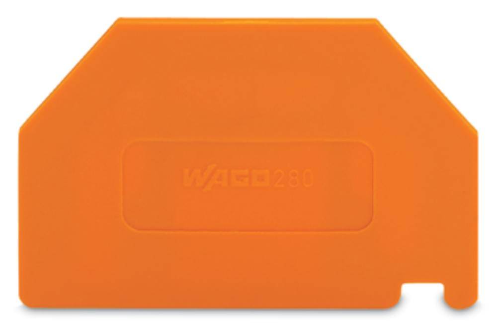Une borne orange portant l'inscription 'WAGO 280', utilisée pour la connexion électrique et l'isolation dans les systèmes de câblage.