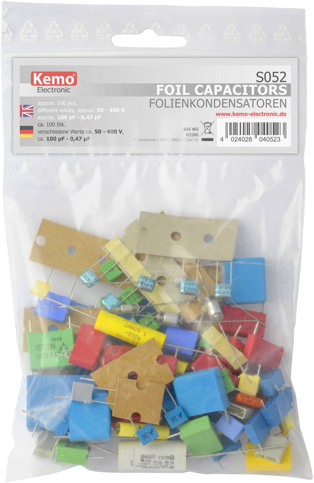 Sachet contenant divers condensateurs électroniques en feuille de couleur de Kemo Electronic, modèle S052.