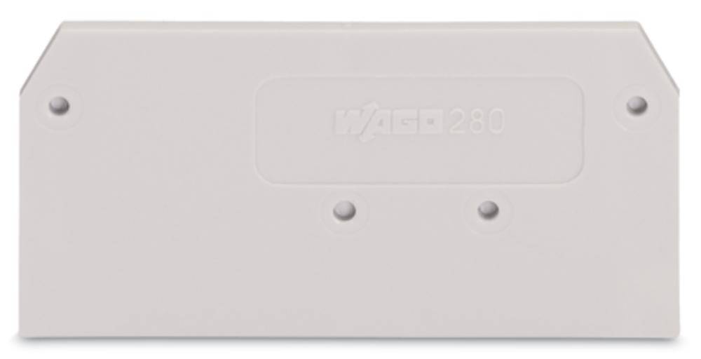 Couvercle pour barrette de connexion électrique, rectangulaire avec coins chanfreinés, beige, trois trous de fixation au centre.