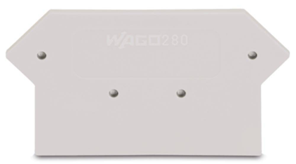 Plaque de terminaison grise rectangulaire portant l'inscription 'WAGO 280', servant de fermeture pour les borniers.