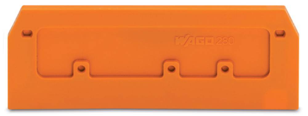 Obturateur orange de fin de rangée pour bornes avec l'inscription 'WAGO 230', montrant les trous de montage pour une fixation sécurisée.