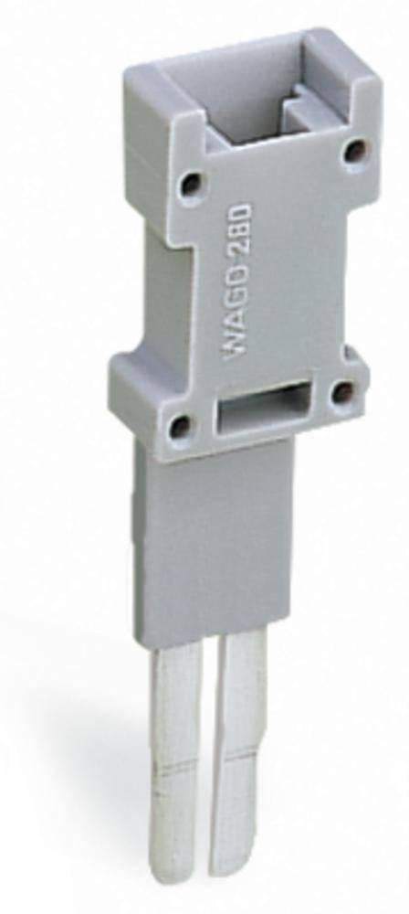 Un peigne de pontage gris pour connexions électriques de type WAGO 280, avec deux broches métalliques longues pour une fixation sécurisée.