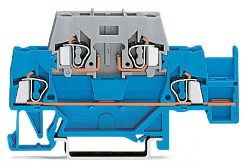 Un bloc de bornes en rangée bleu avec des connexions métalliques et un dessus gris, utilisé pour le câblage électrique.