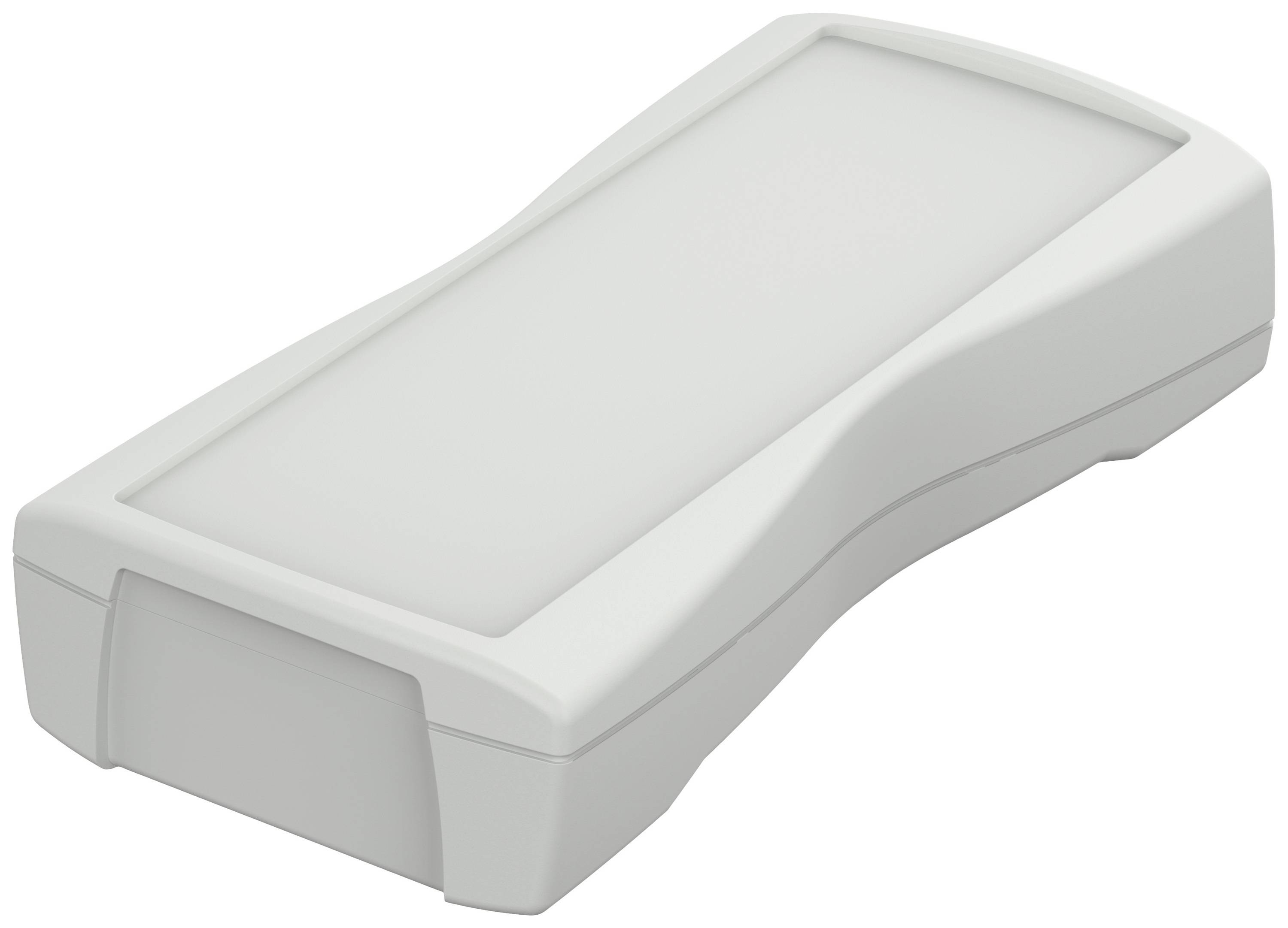 Un boîtier rectangulaire en plastique blanc aux coins arrondis. Utilisation possible : boîtier pour composants électroniques ou dispositifs de commande.