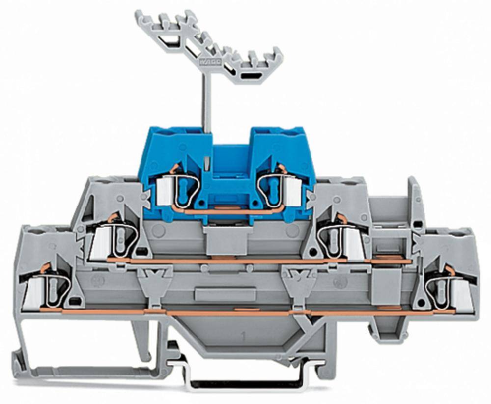 Support modulaire électrique gris et bleu, conçu techniquement avec plusieurs bornes et connexions sur un fond blanc.