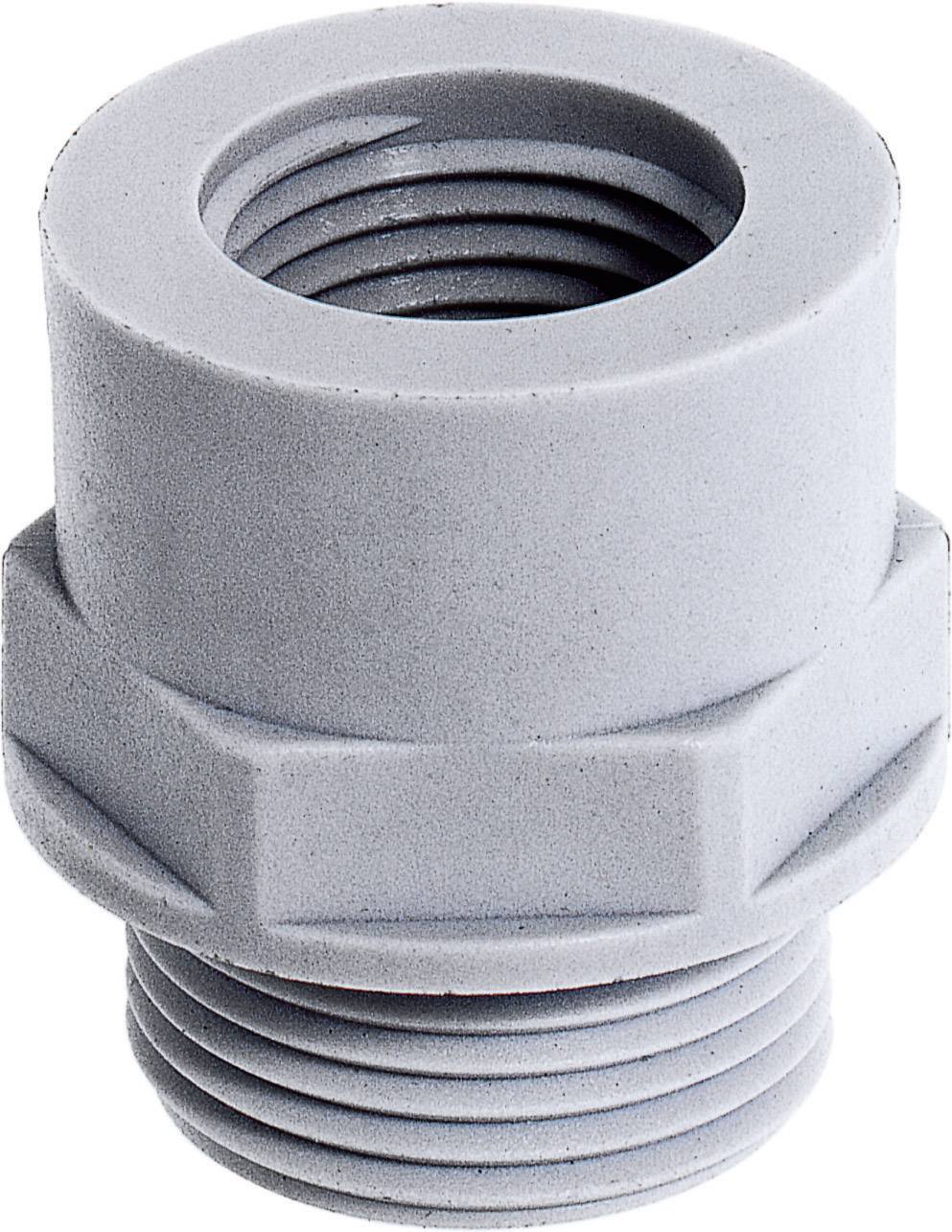Un adaptateur de vissage cylindrique gris en plastique avec filetage intérieur et extérieur, adapté pour les connexions de tuyauterie.