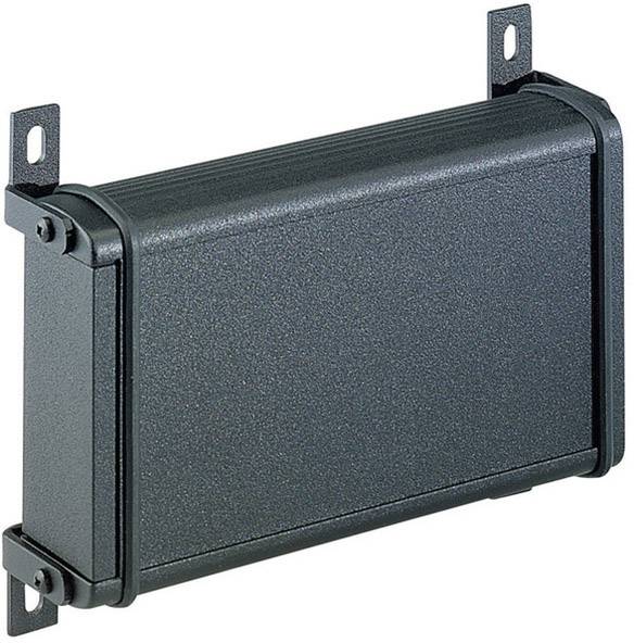 Boîtier électronique noir rectangulaire avec des clips de fixation sur les bords. Adapté pour le rangement sécurisé des composants électroniques.