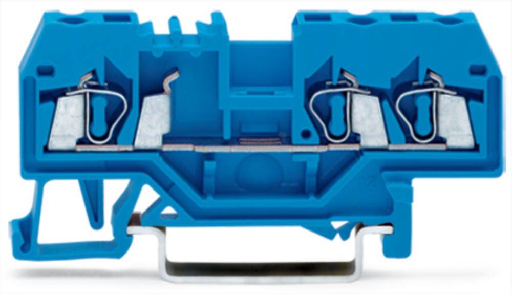 Bloc de jonction électrique bleu avec composants métalliques et plusieurs points de connexion, adapté pour le câblage.