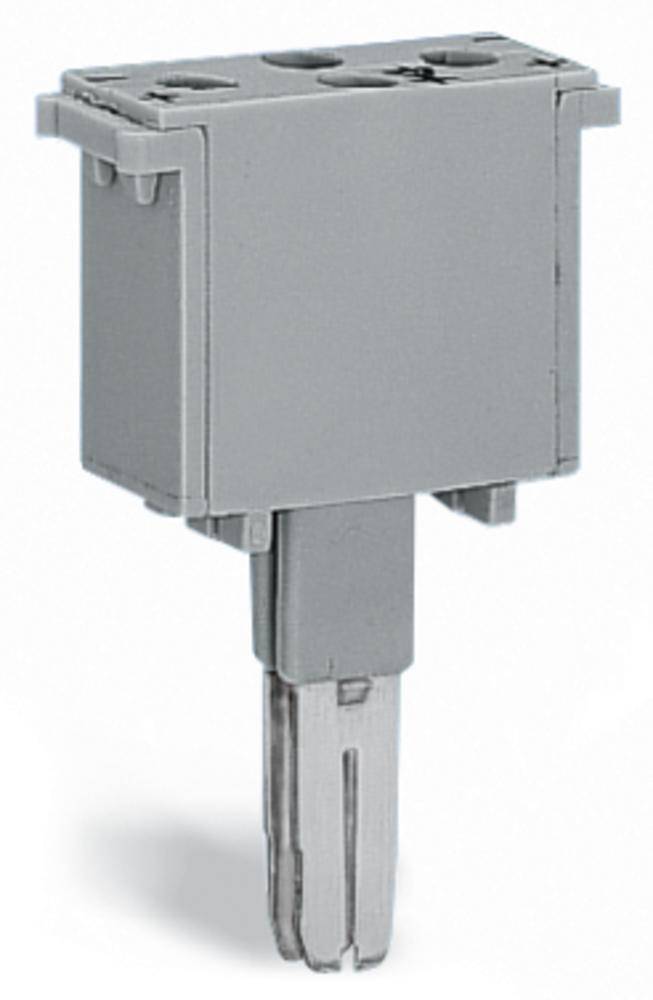 Une borne électrique grise avec deux connexions et une broche métallique en bas, utilisée pour raccorder des câbles dans des appareils électriques.
