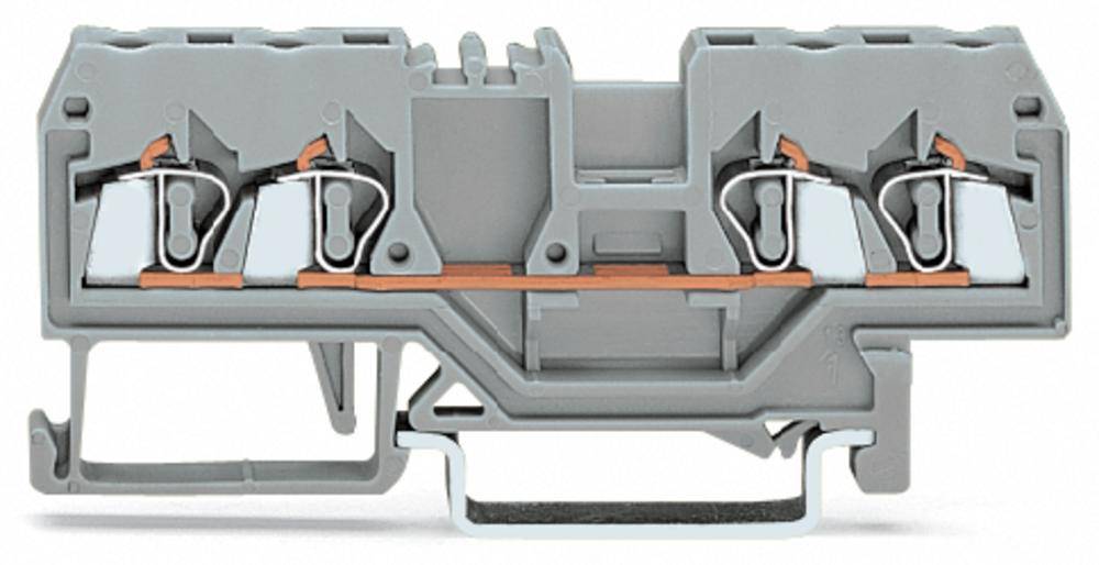 Image d'un bloc de bornes modulaire gris à quatre connexions, utilisé dans les armoires électriques.