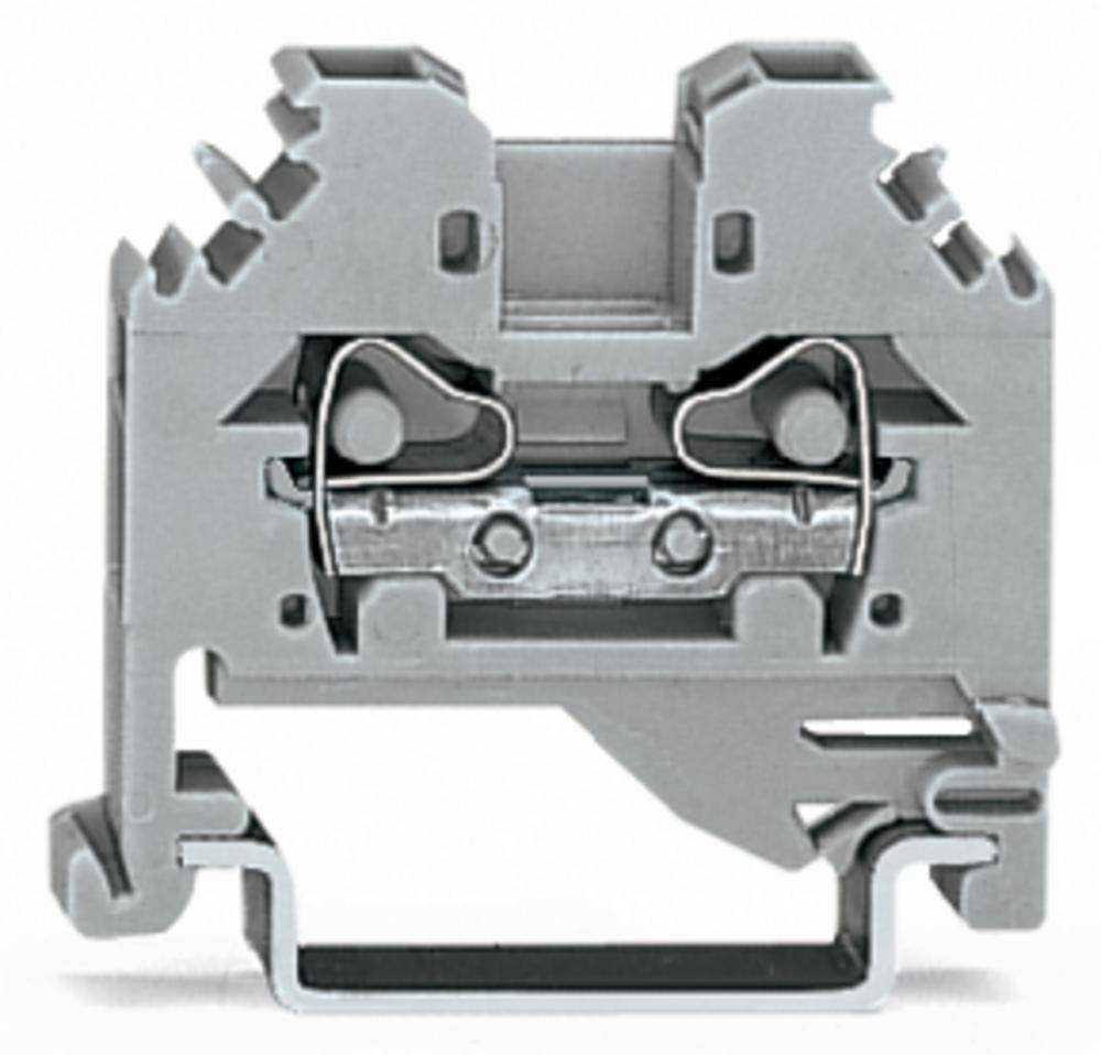 Bloc de bornes gris avec connexions métalliques, représentation d'un dispositif de connexion électrique, essentiel pour les armoires électriques.