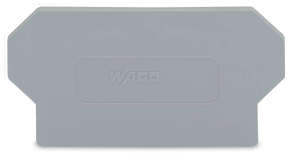 Capot de finition gris en plastique avec des angles arrondis, portant l'inscription 'WAGO'.