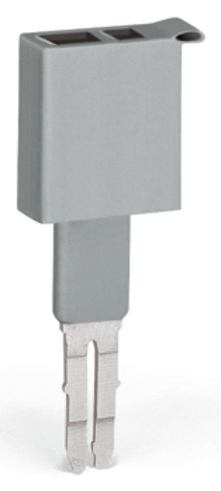 Un connecteur rectangulaire gris avec deux contacts métalliques dépassant par le bas. Adapté pour les connexions électroniques.