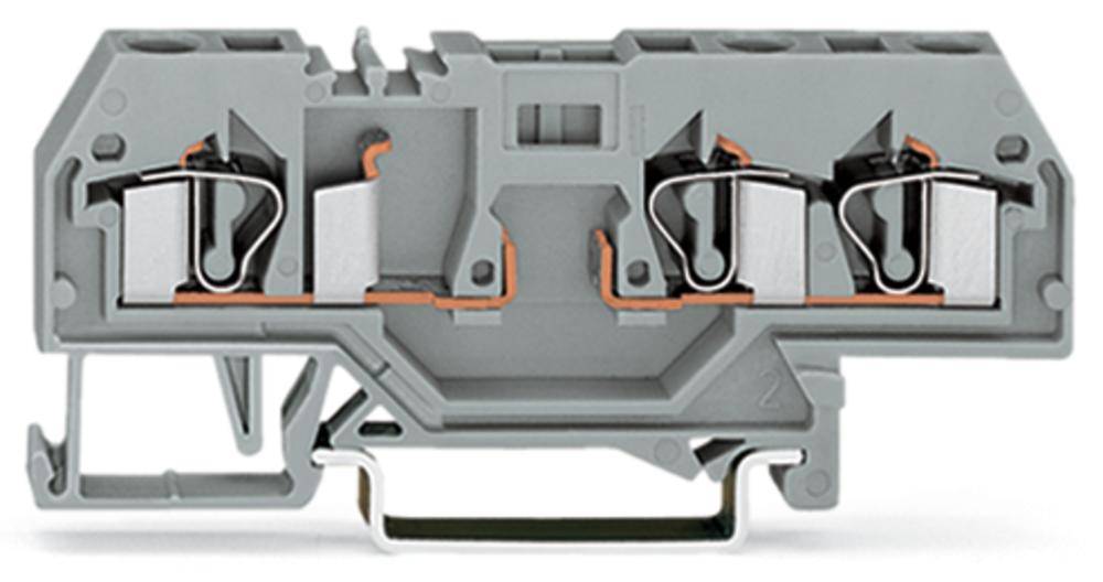 Pince électrique grise avec connecteurs métalliques et boîtier en plastique pour fixation sur rail.