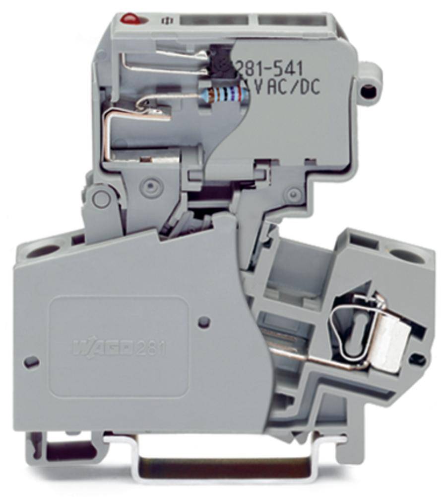 Automates de sécurité gris et blancs pour installations électriques, montables sur rail DIN. Un bornier est visible à gauche.